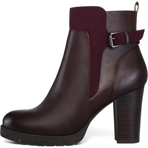 Shoes - Women's Burgundy Ankle Boots Chunky Stacked Heel Side Zipper Classic Boots